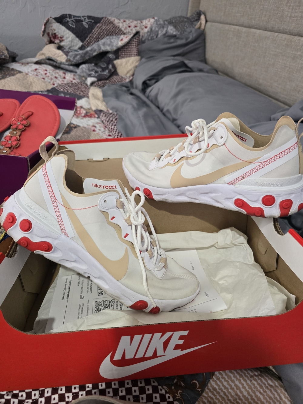 Nike React Element 55 Sneakers in White, Beige, and Coral Accents